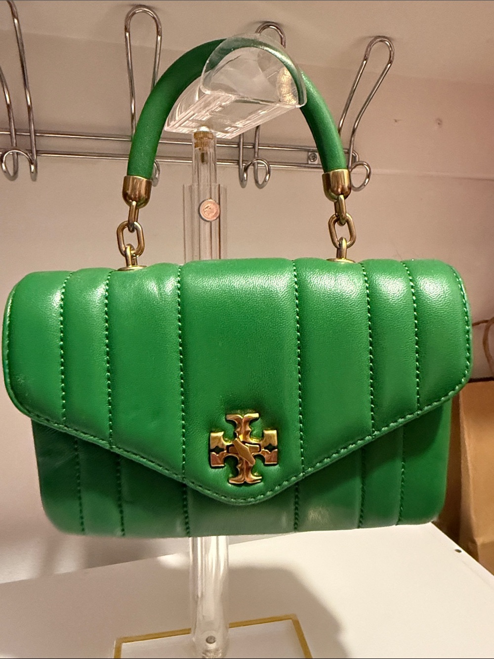 Tory Burch Green Quilted Leather Top Handle Shoulder Bag with Gold Logo